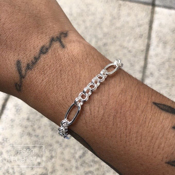 Pulseira Elo Oval Alongado/7 Elos Duplos Lisa Prateada